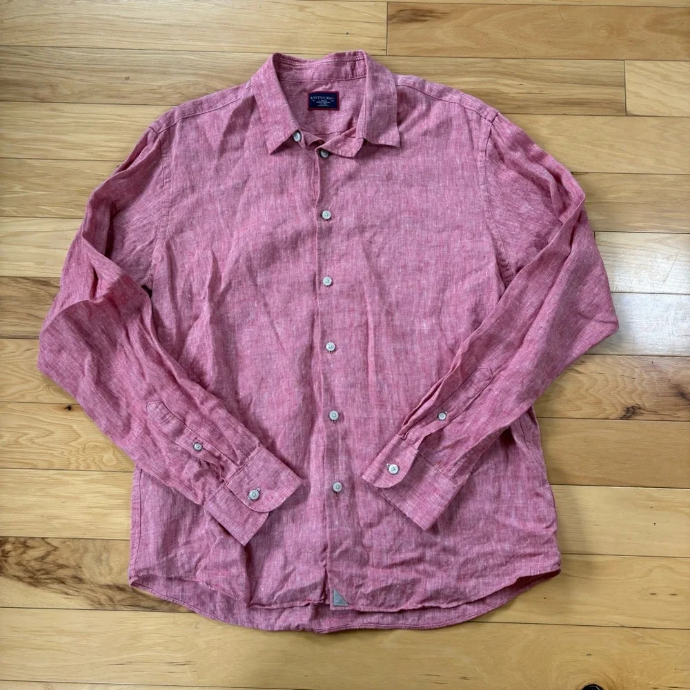 UNTUCKit Certan De May Button Up Shirt Mens Sz L Red 100% Linen Long Sleeve